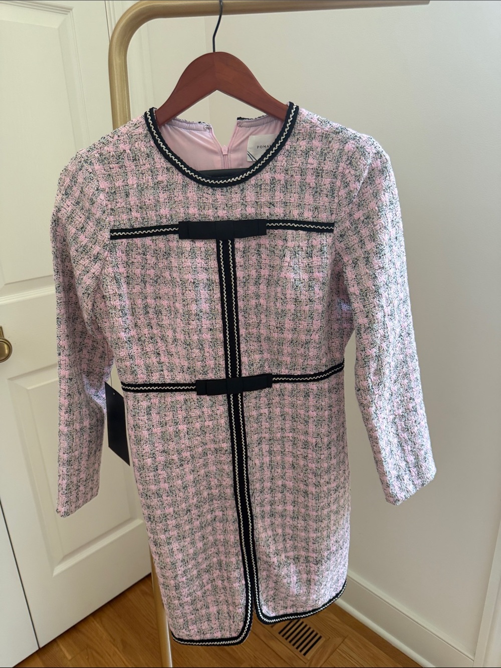Pomander Place Pink Tweed Shift Dress with Black Trim
